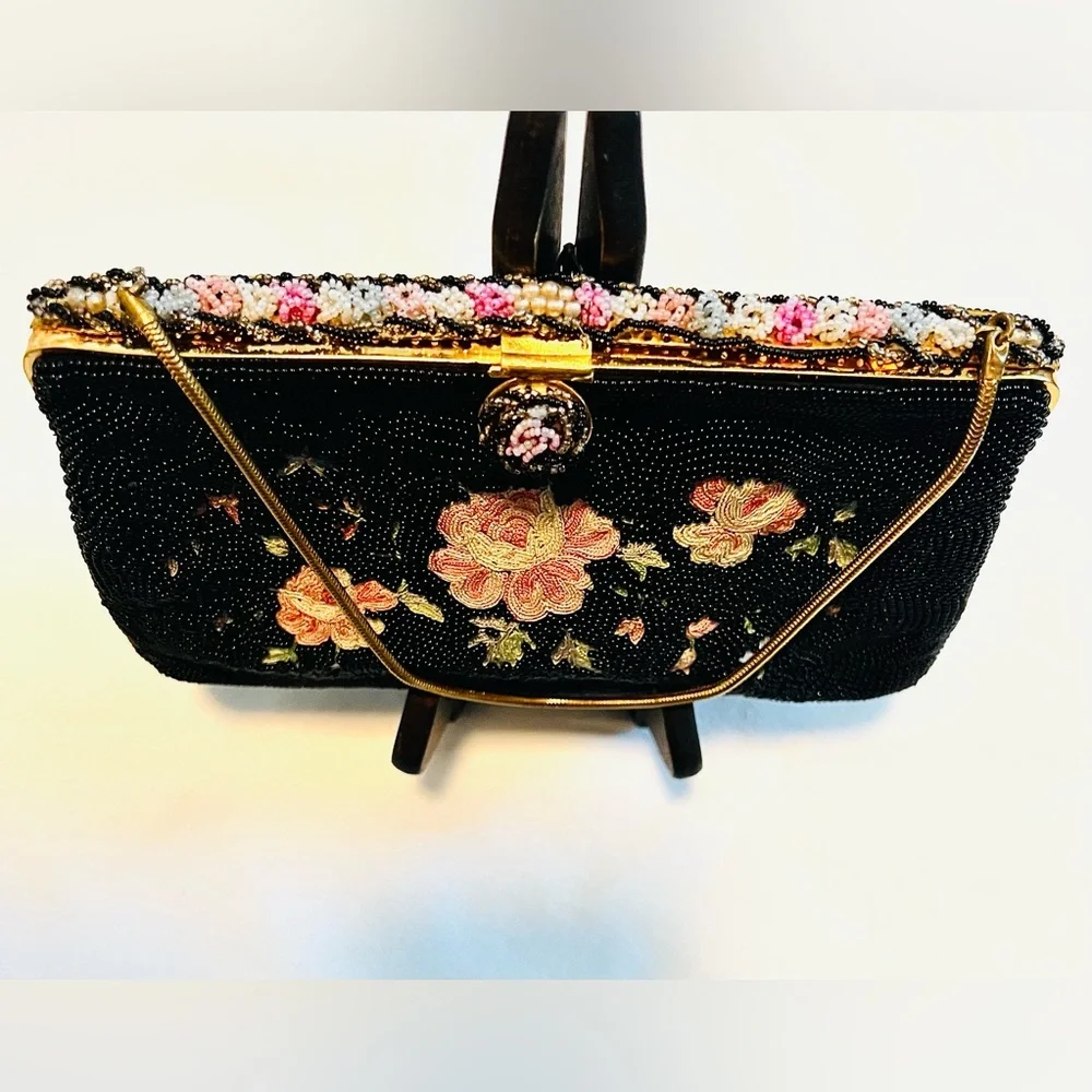 Vtg Walborg France Point de Beauvais Hand Beaded Floral Bag Set EXCELLENT